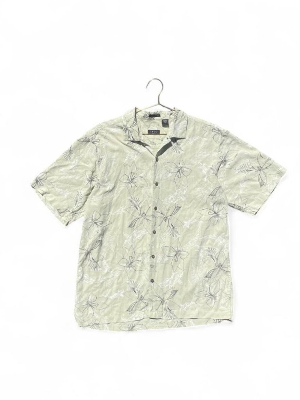IZOD Golf 100% Silk Sage Green Floral Hawaiian Button-Up Shirt Size L